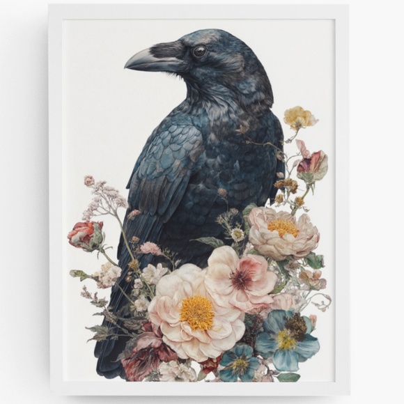Creative Path Studios Other - Watercolor Floral Black Crow Wall Art Print Unframed - Black Bird Illustration